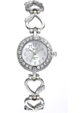 Womens Silver Quartz Heart Shaped Band Alloy Diamond Encrusted Round Wrist Watch